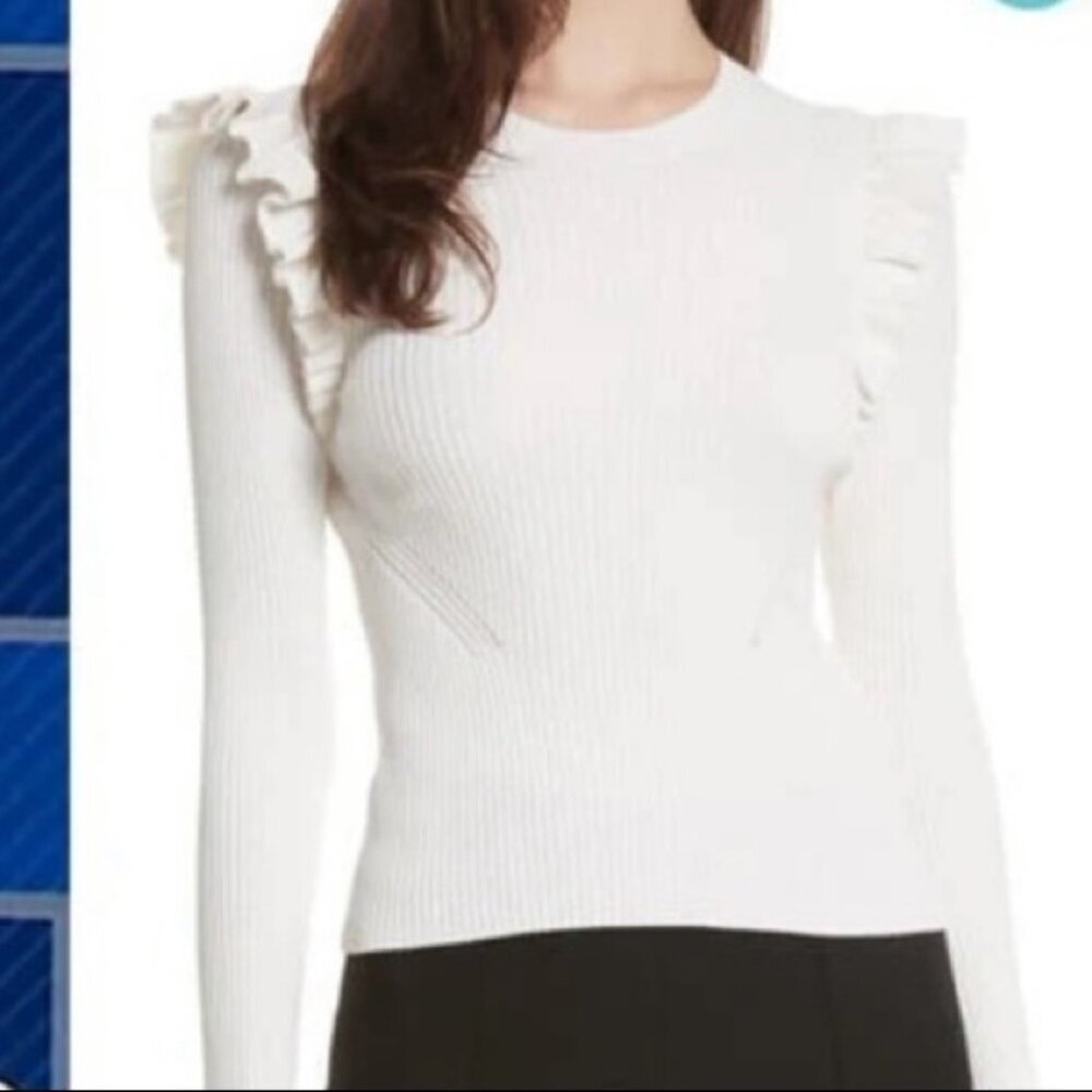 cinq a sept Cream Ribbed Ruffle Shoulder Sweater - Picture 2 of 10